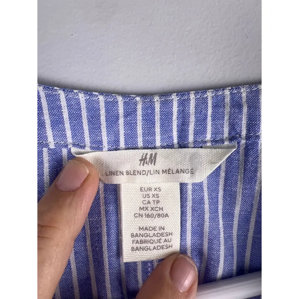 Women's H&M Blue White Striped Linen Blend Midi Dress XS Coastal Flowy - Image 3