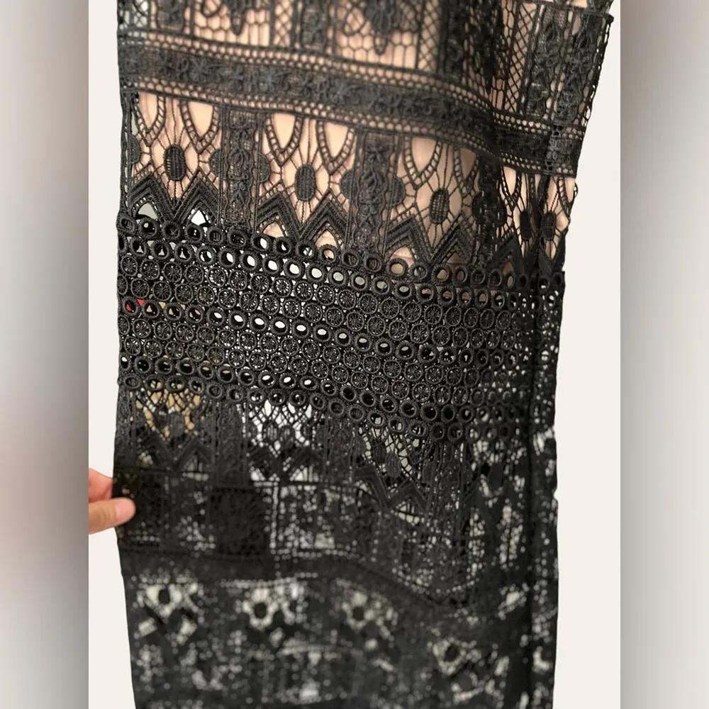 Alexis Black Nude Crochet Lace Wide Leg Palazzo Dress Pants Size M - Image 10