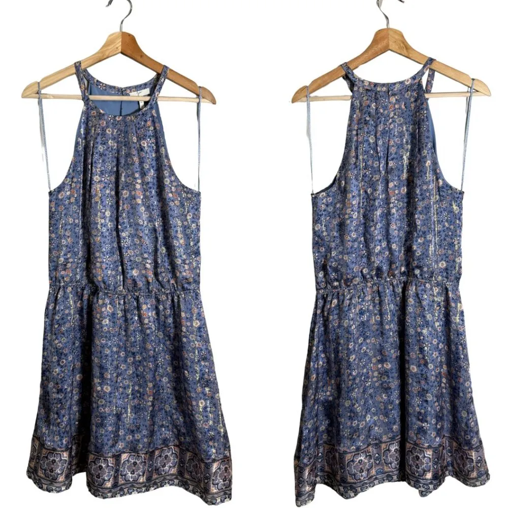 Joie Makana D Silk Floral Mini Dress Women's Medium Hyacinth Blue Metallic Party - Image 4