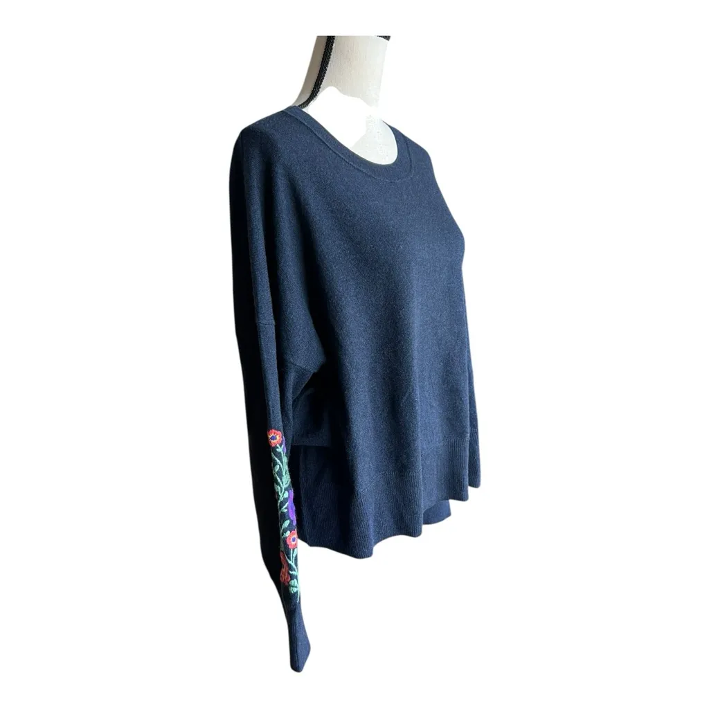 Autumn Cashmere Spring Flowers Embroidered Crew Neck Navy Sweater Size L - Image 3