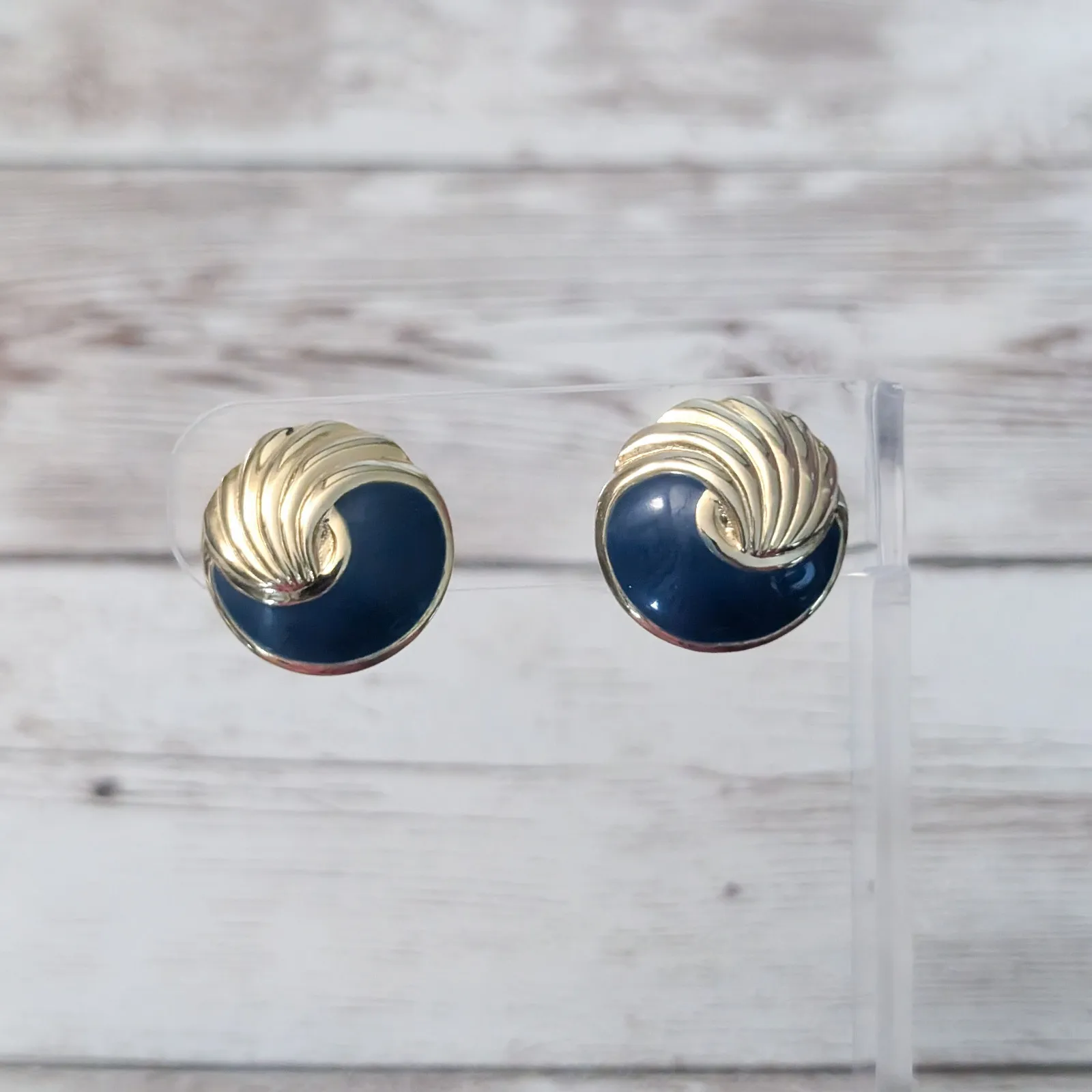 Vintage Stud Earrings For Pierced Ears Fancy Blue & Gold Tone 0.75" - Image 2