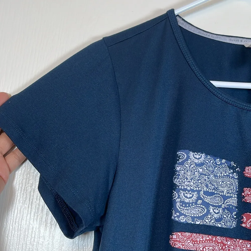 Lucky Brand Patriotic Navy Blue White Red Flag Paisley Shirt Med EUC #0445-LA - Image 5