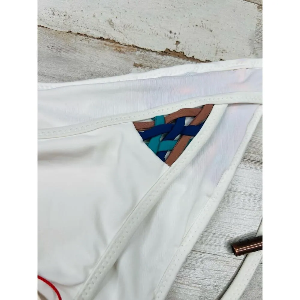 Red Carter Cali Cut White Pattern Side Tie Metal Tips Bikini Bottom Size Large - Image 9