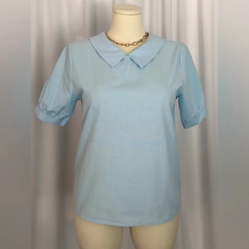 Women's Cotton Peter Pan Collar Casual Plain Tunic Top (998) Blue Size M - Image 2