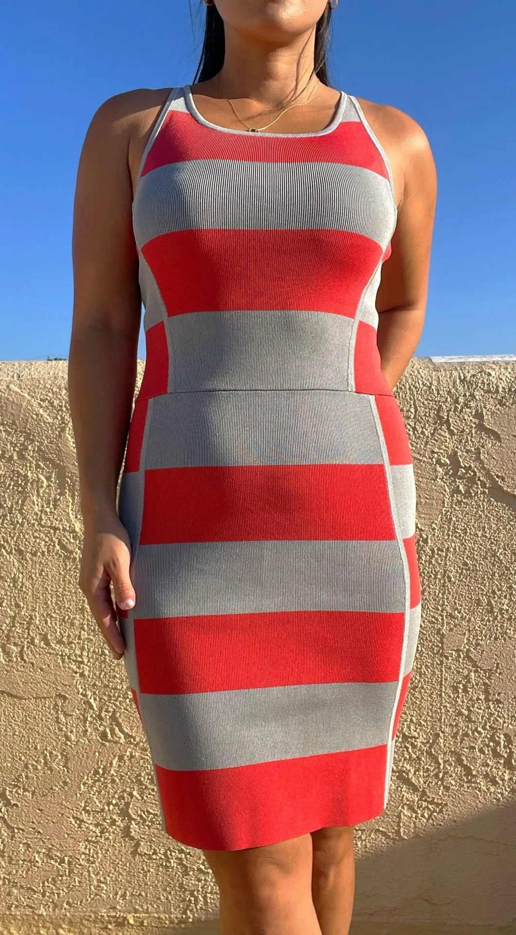 red and gray striped sleeveless bodycon dress size S small - Image 1