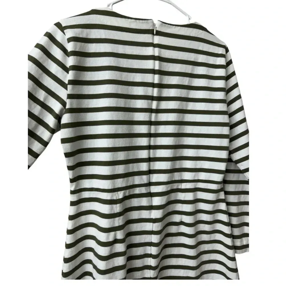 J Crew Olive Green & White Stripped Fit & Flare Long sleeve cotton Dress‎ - Image 8