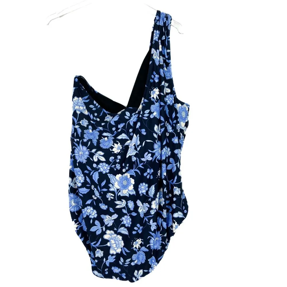 NWT J. Crew Ruched One-Shoulder One-Piece Swimsuit Midnight-Blue Floral Size 24 - Image 9