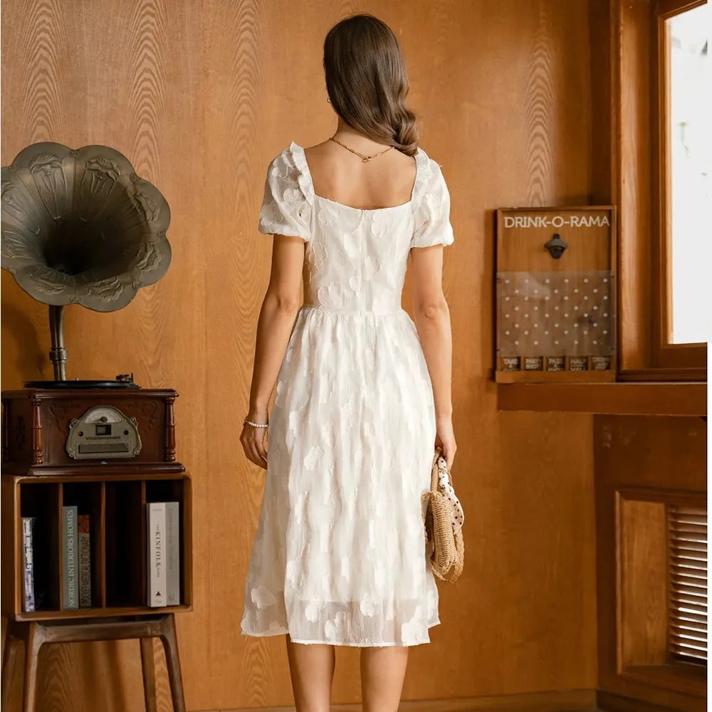 RIHOAS Beige Square Neck Puffed Sleeve Midi Dress M White Size M - Image 5