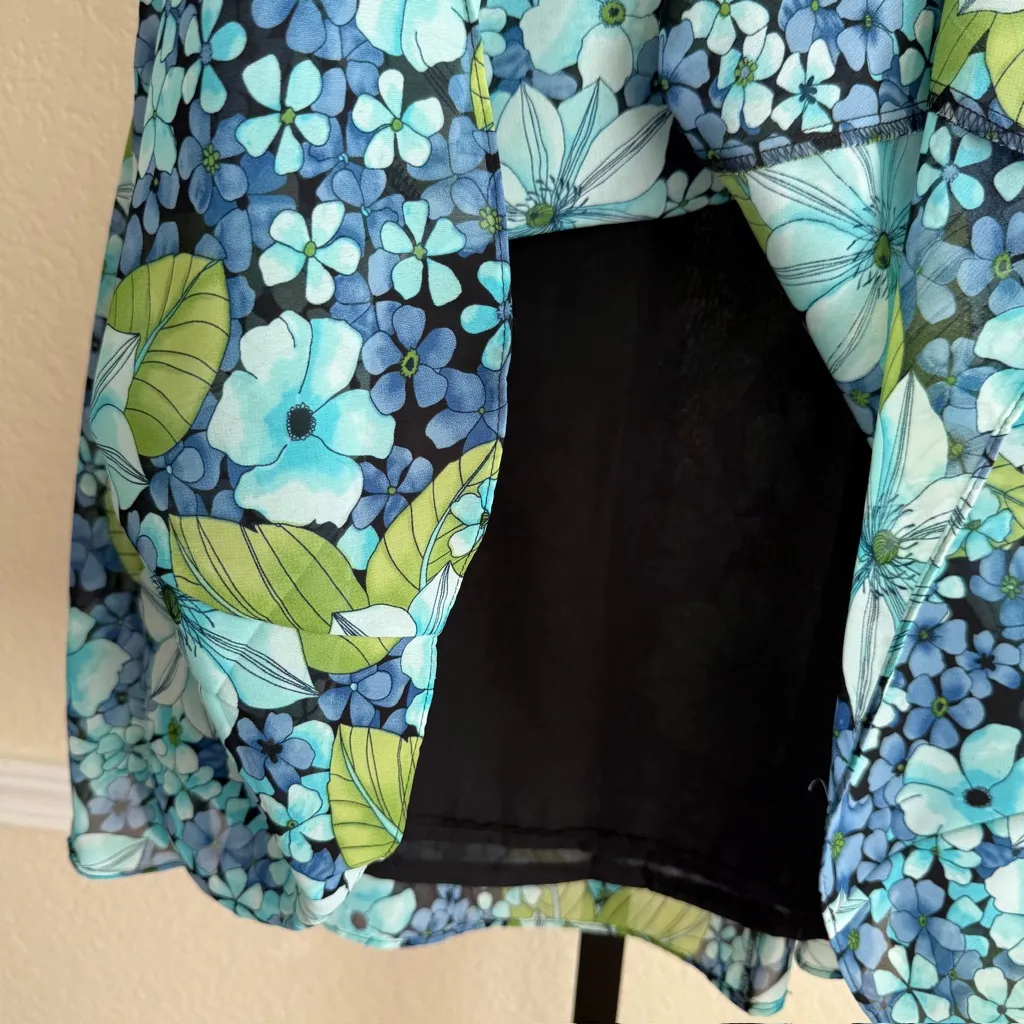 Women’s Vintage Size 14 Midi Skirt Blue Green Floral Lined A Line Classic Retro - Image 4