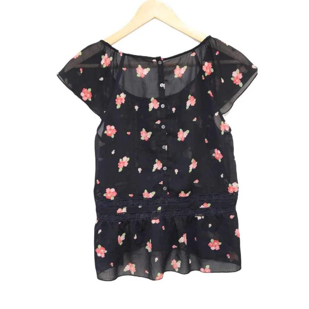 Womens Abercrombie & Fitch Black Pink Green Floral Lace Blouse Top Size Medium M - Image 2