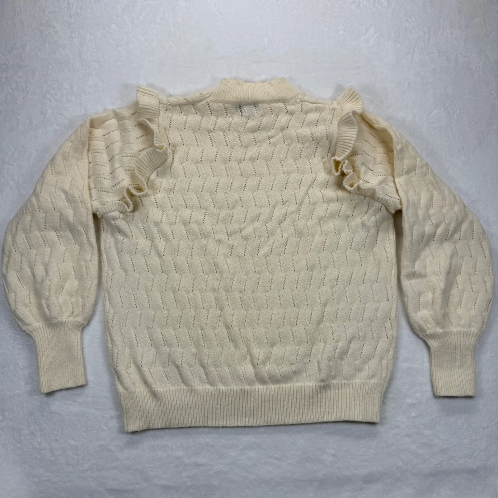 FRNCH Paris Ruffle Shoulder Sweater‎ Open Knit Pullover Cream Size L - Image 7