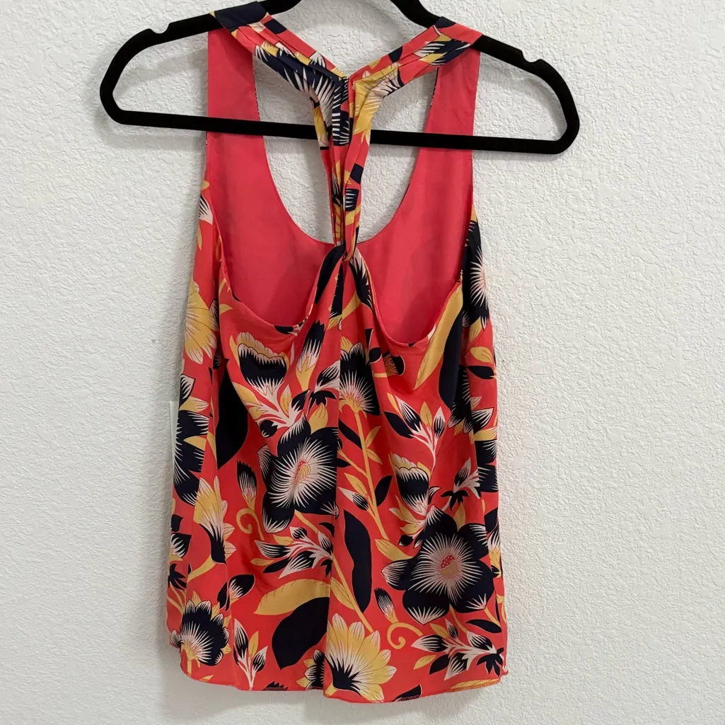 J. Crew Twist Racerback Hibiscus Floral Silk Tank Top Size 2 Coral Orange & Blue - Image 6
