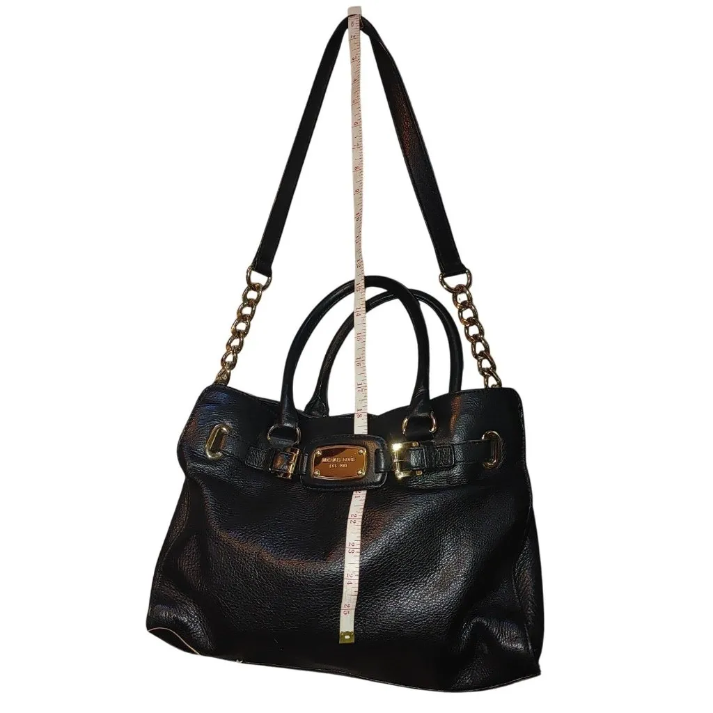 Michael Kors Satchel Hamilton Black Leather Handbag Gold Chain Strap Logo Plate - Image 7