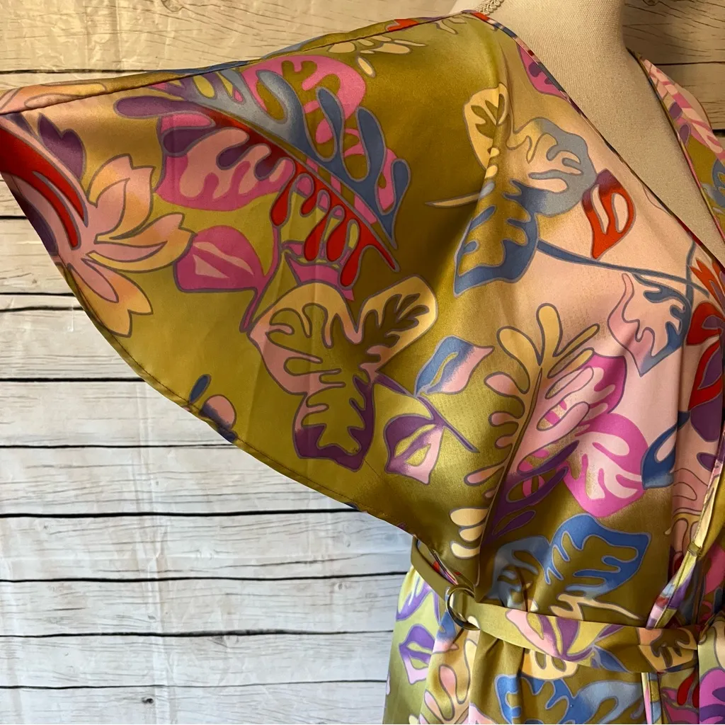 Cruz Natori Floral Short Sleeve Robe Satin Loungewear Green Silky Size Small - Image 4