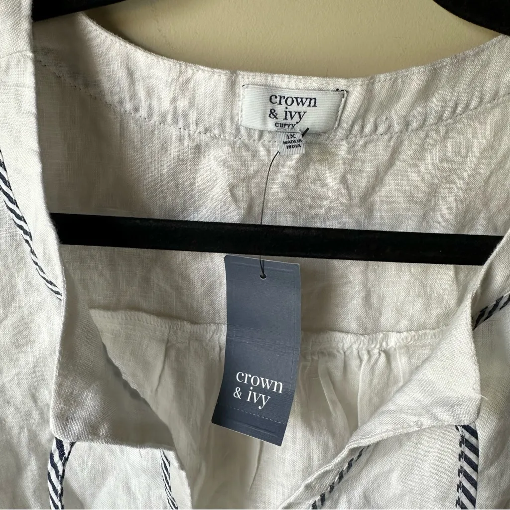 Crown & Ivy Blouse Womens Size 1X White Blue 100% Linen Sleeveless Tassel Top - Image 2