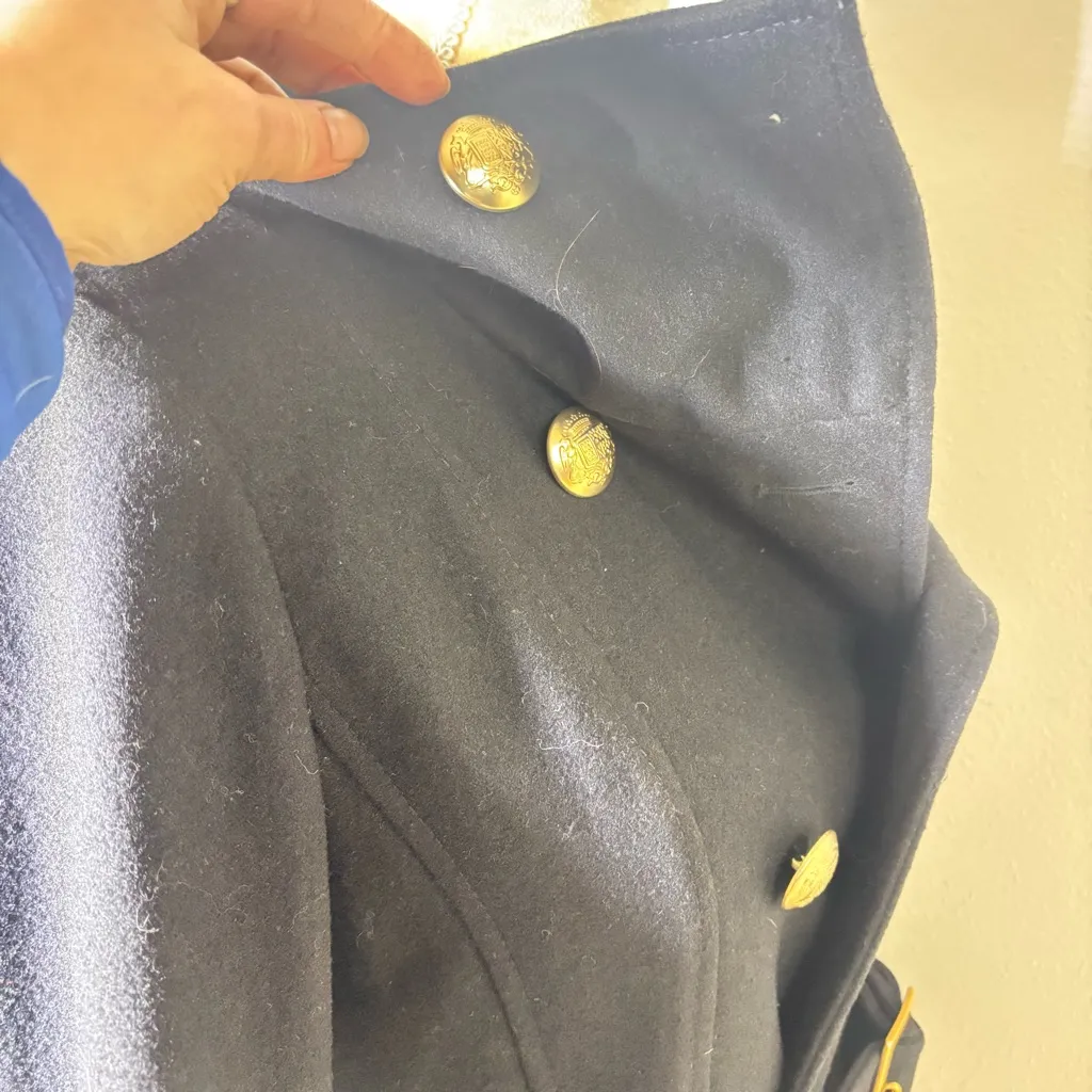 Vintage Guess Black Double Breasted Wool Trench Coat with Gold Accents - Image 8