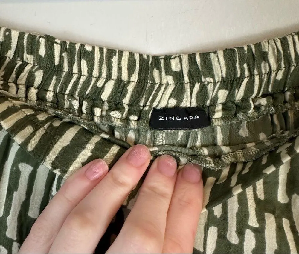 Zingara | Cream and Green Patterned Wide Leg Pants Size Small - Image 5
