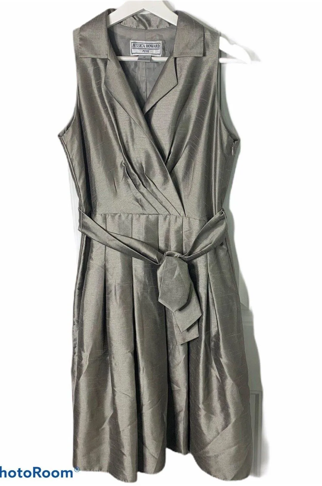 Jessica Howard Size 6 P 6P Dress Silver Metallic Faux Wrap Belted Holiday Womens - Image 1