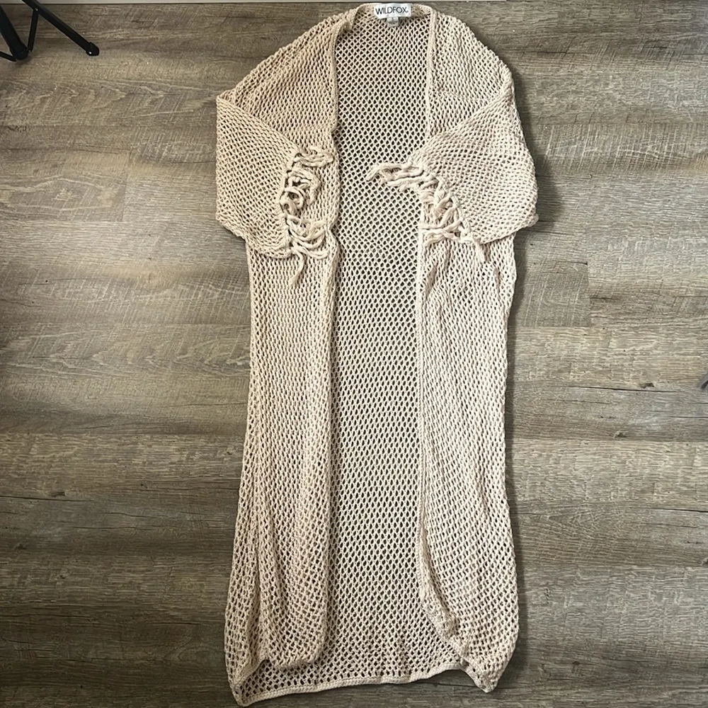 Wildfox Cream Sand Kelso Fringe Sleeve Crochet Long Cardigan Size Small - Image 5
