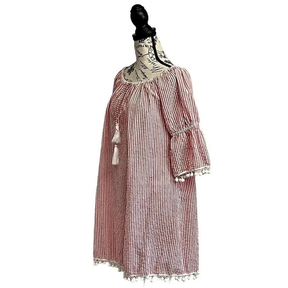 Gianni Bini Seersucker Striped Off Shoulder Tassel Peasant Mini Dress M Coastal White Size M - Image 3