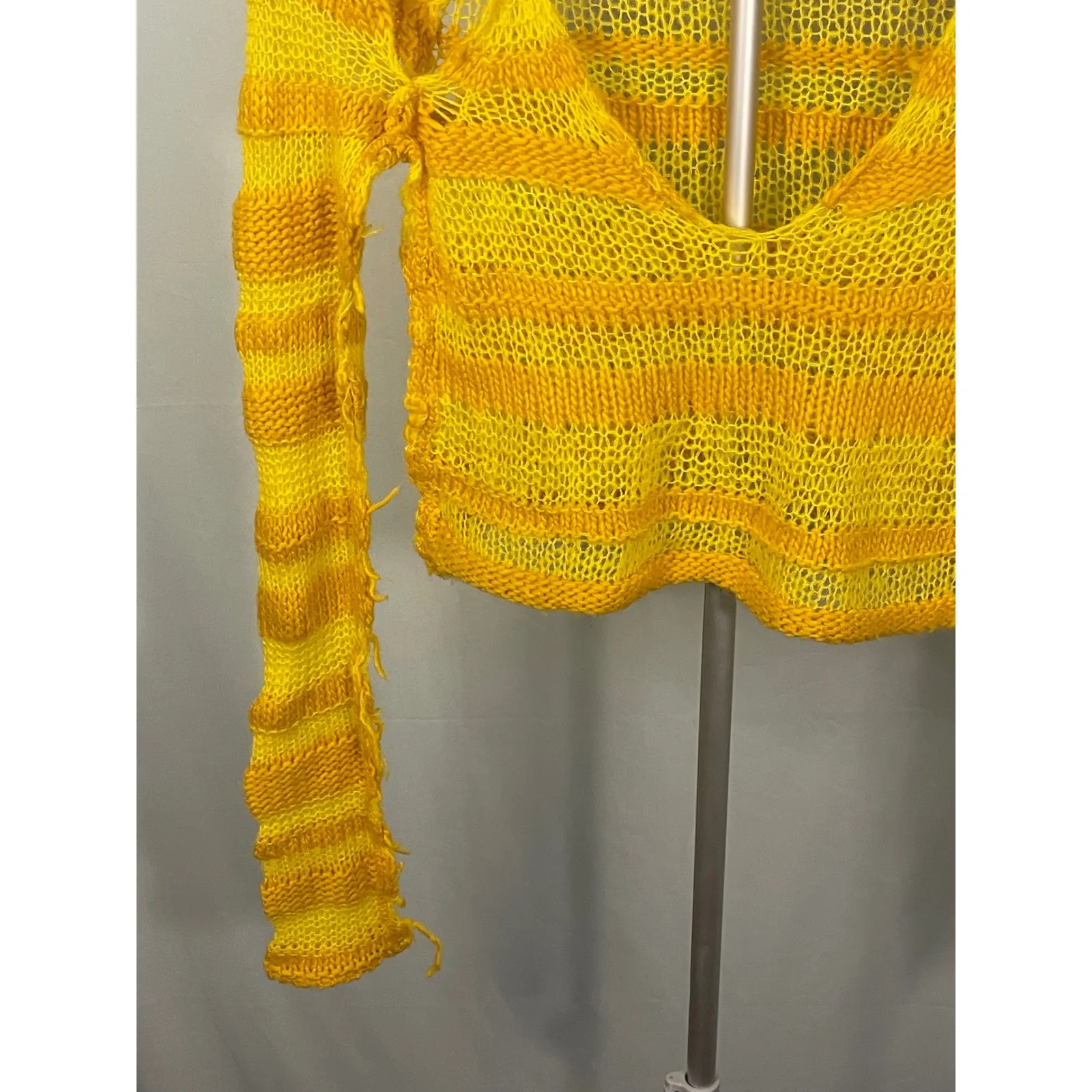 Yellow‎ Orange Striped Cropped Knit Sweater Long Sleeve V Neck Mesh Shirt - Image 3