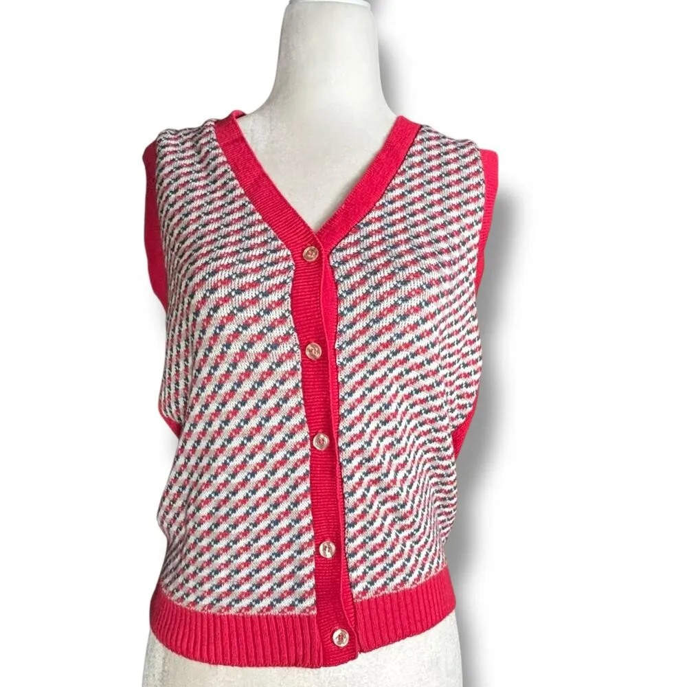 Vintage Devon Union Made Button Front Knit Sweater Vest Red Blue White Small - Image 2