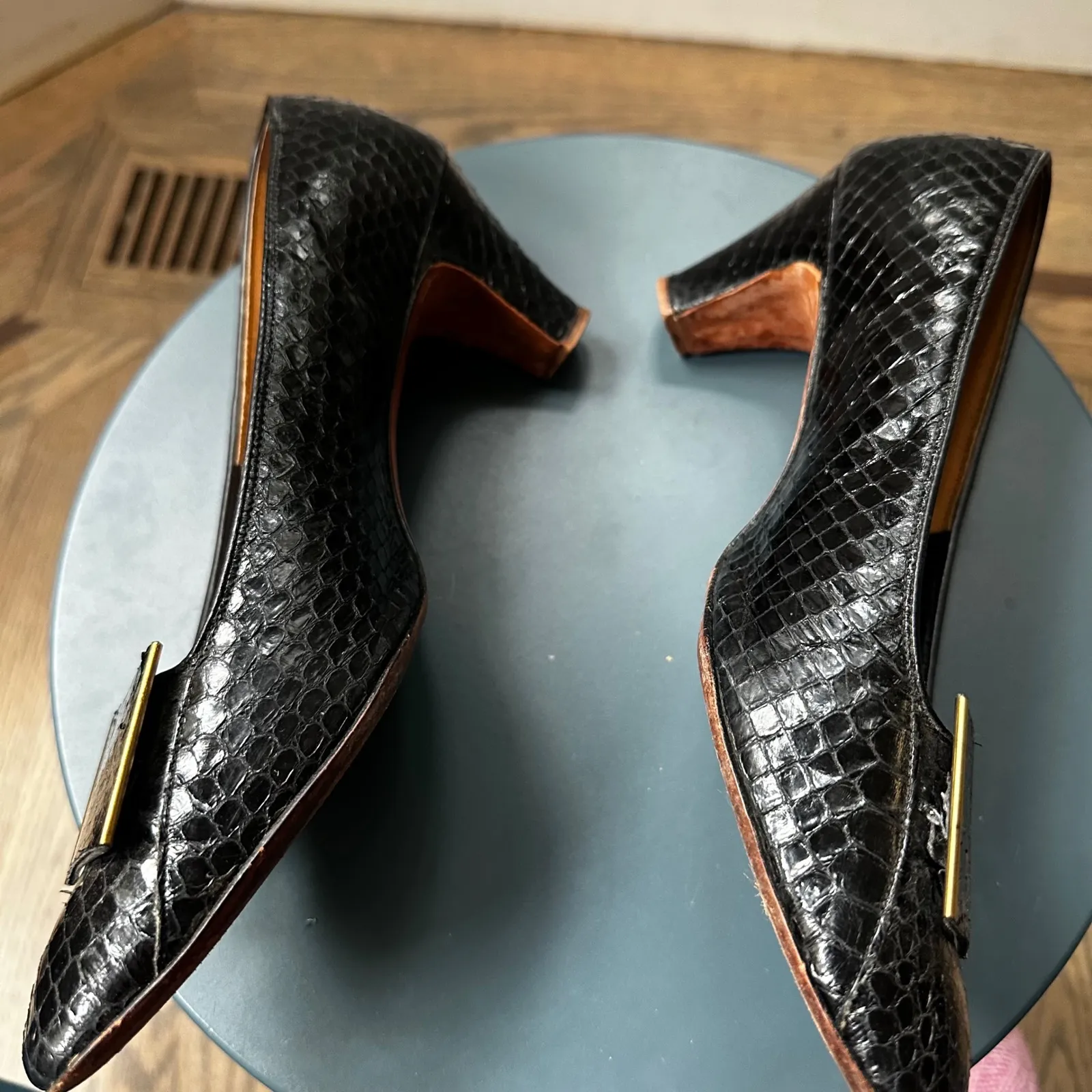 J. Norman LTD Snakeskin Pumps Block Heel Classic Party Career Shoes 6.5M‎ Black Size 8.5 - Image 12