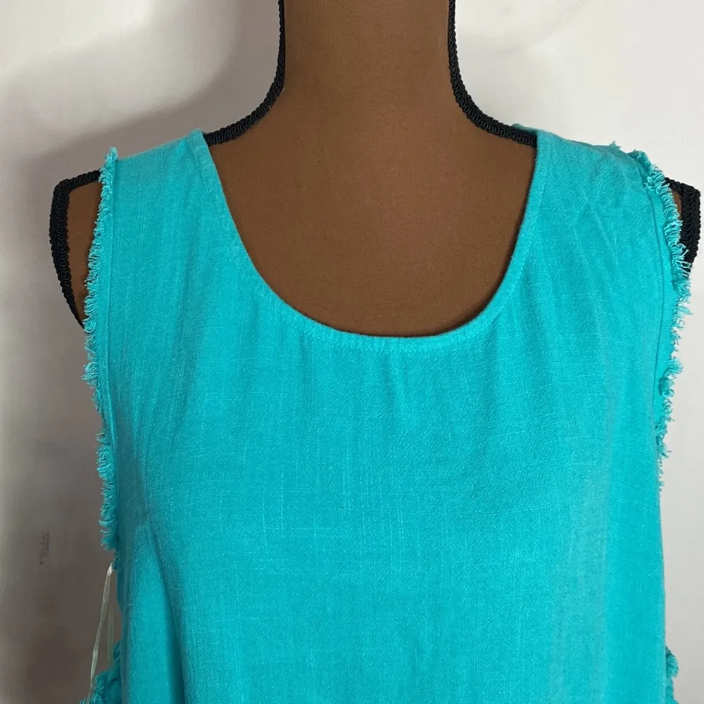 Umgee teal high low ruffled scoop ruffle fringe high low hem linen blend tank L - Image 7