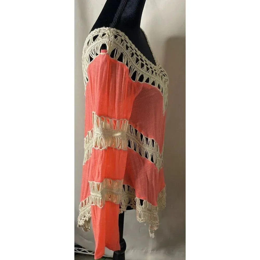 UMGEE Womens Coral Crochet Hollow Out Asymmetrical Hem Long Sleeve Small Boho‎ - Image 3