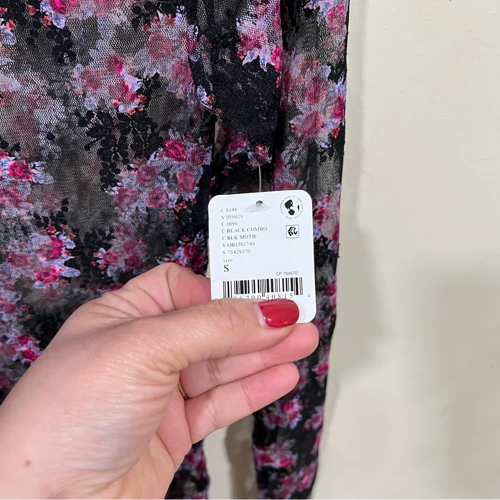 NWT Free People Lady Lux Printed Layering Top in Black Combo S Floral - Image 6