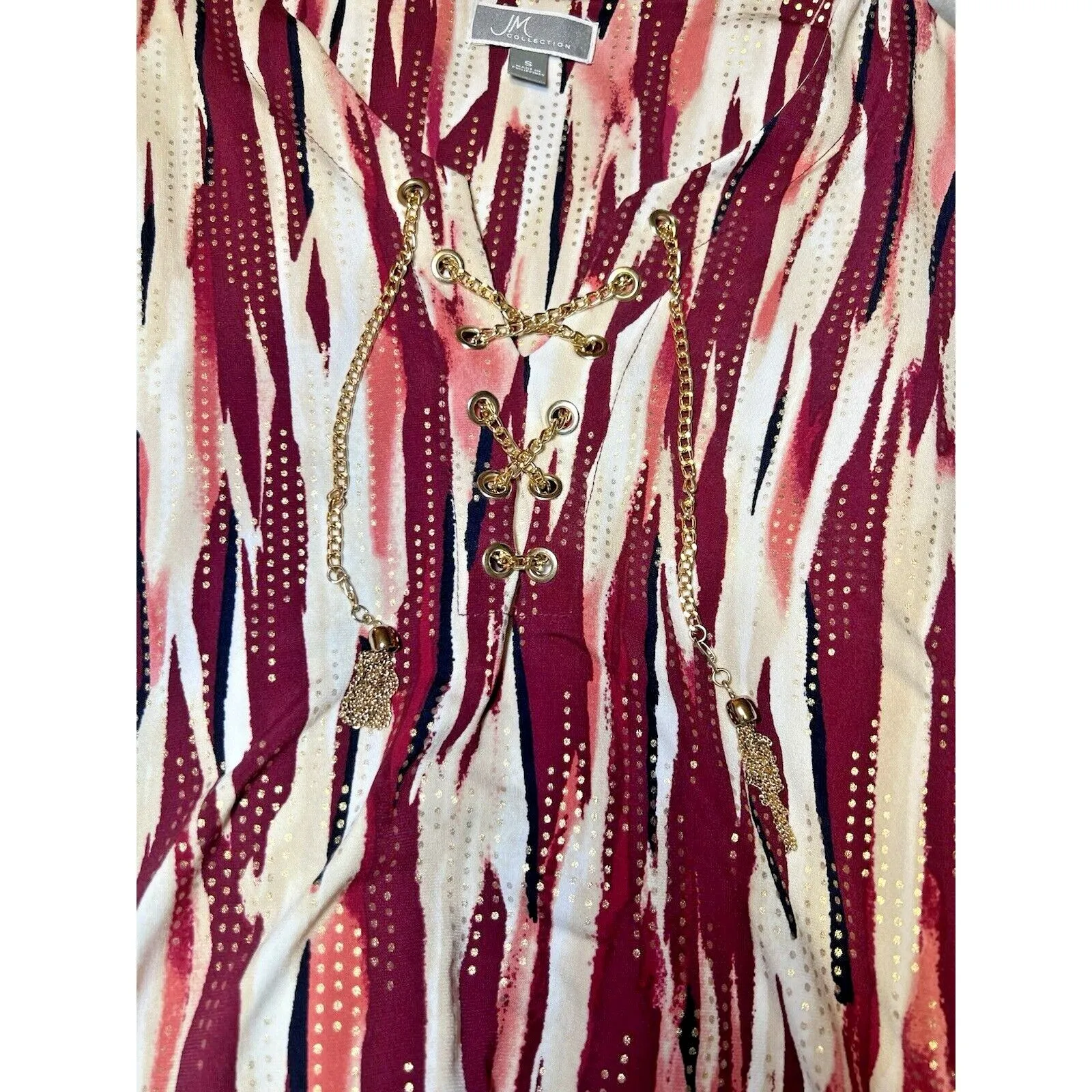 JM Collection Pullover Top Maroon Pink Multicolor Womens Size‎ Small Chain Tie - Image 3