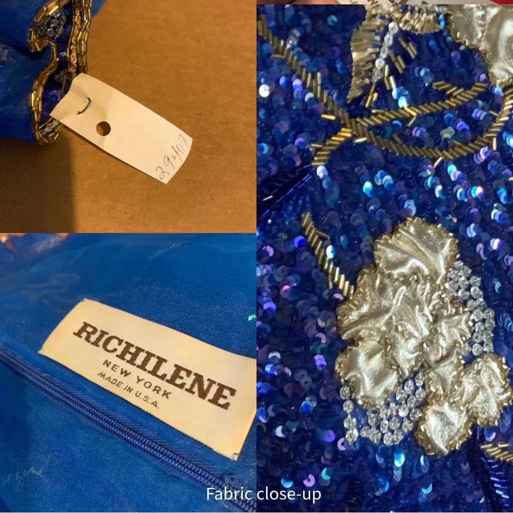 RICHILENE VINTAGE 1980'S BLUE, CREAM & GOLD SEQUIN & SATIN GOWN (S) Blue - Image 13