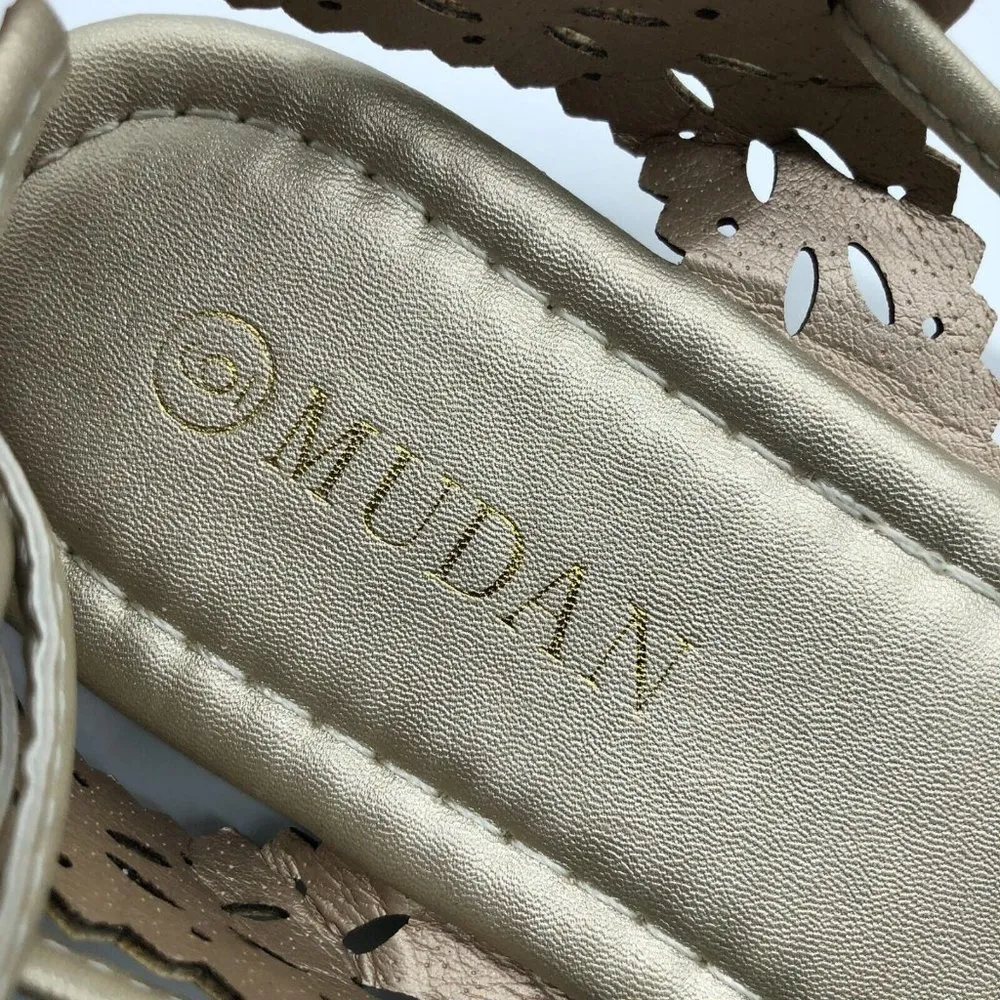 Mudan Womens Sandals Faux Leather Lace Up Metallic Gold Laser Cut Size 6 - Image 5