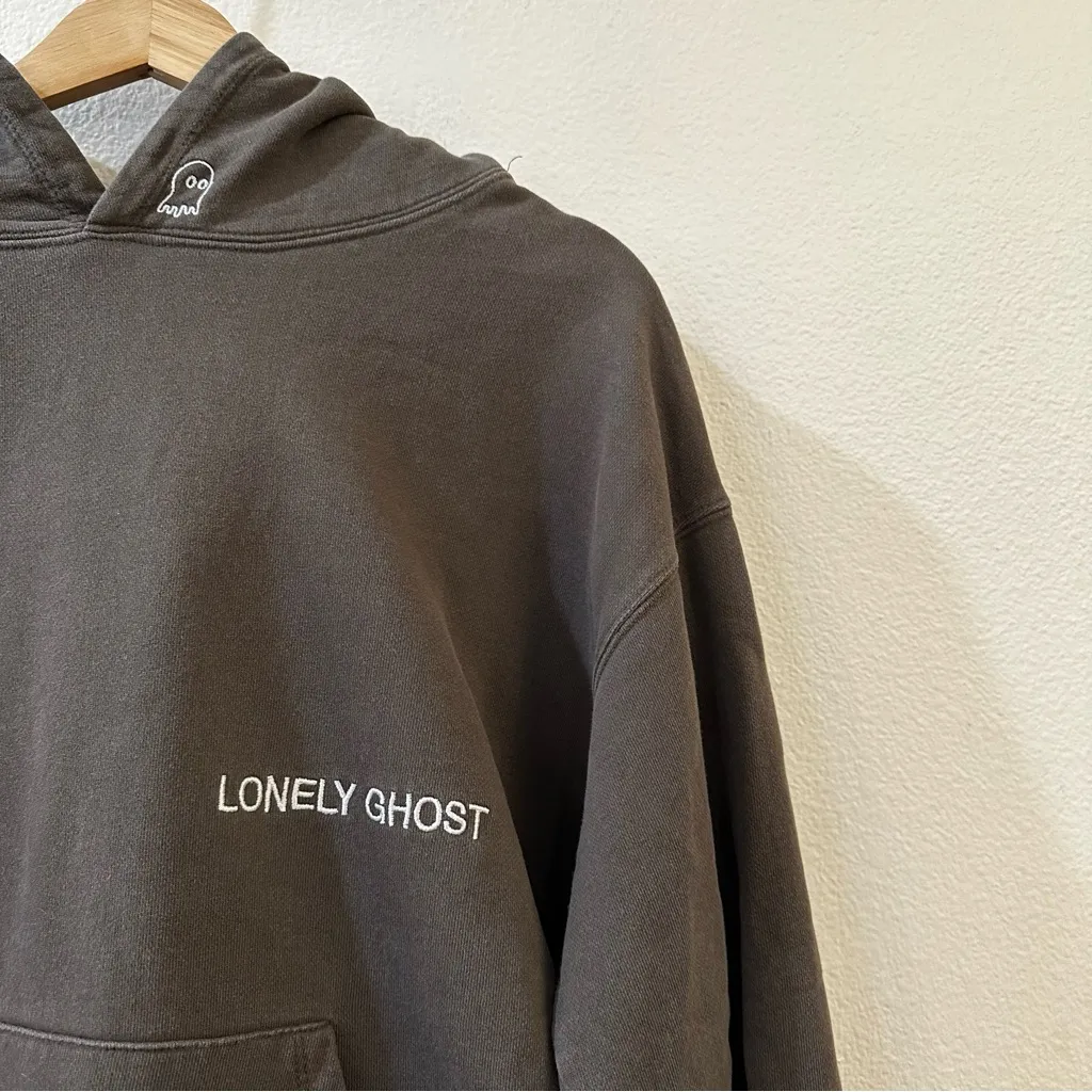 Lonely Ghost Unisex Long Sleeve Embroidered Logo Pockets Hoodie Size Large Grey - Image 3
