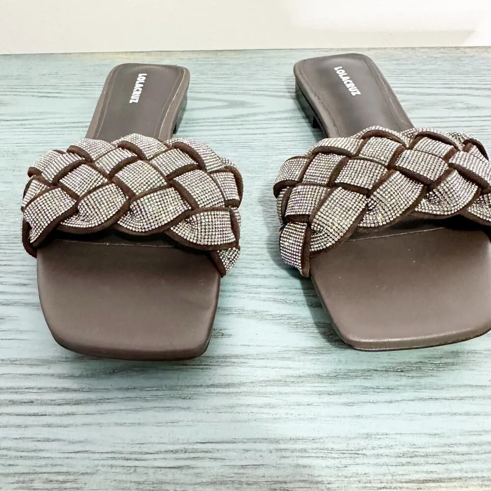 Lola Cruz Dark Brown Jeweled Braided Strap Square Toe Sandal 38 Size 8 - Image 3