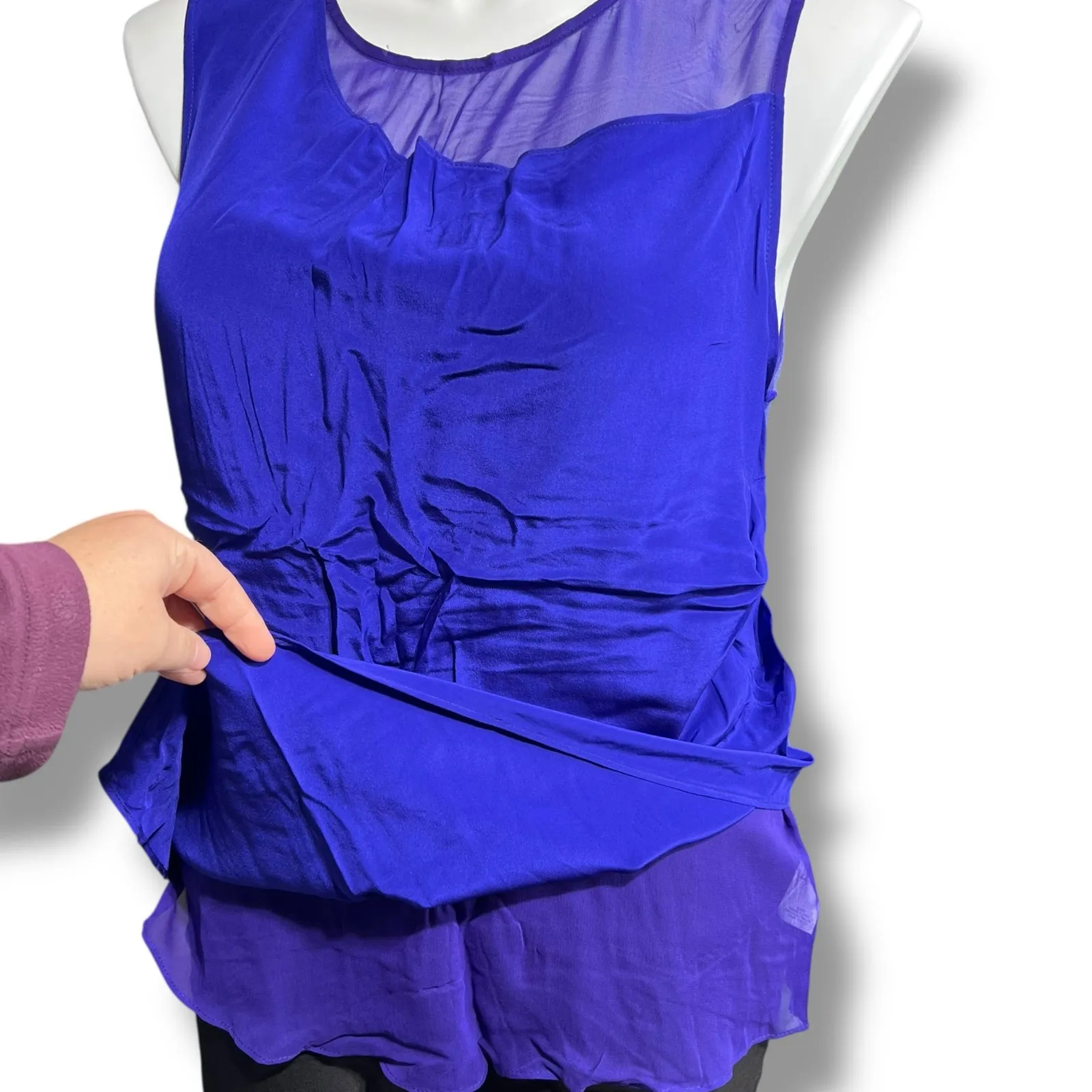 Heather Womens Blouse Shirt Top Silk Satin Ribbed Sleeveless Pullover Blue XL - Image 7