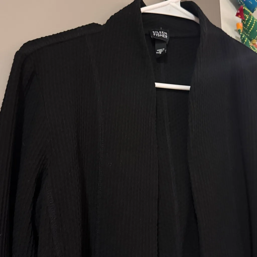 EILEEN FISHER Blazer Jacket Medium Black Viscose Blend Waffle Knit Open Front - Image 2