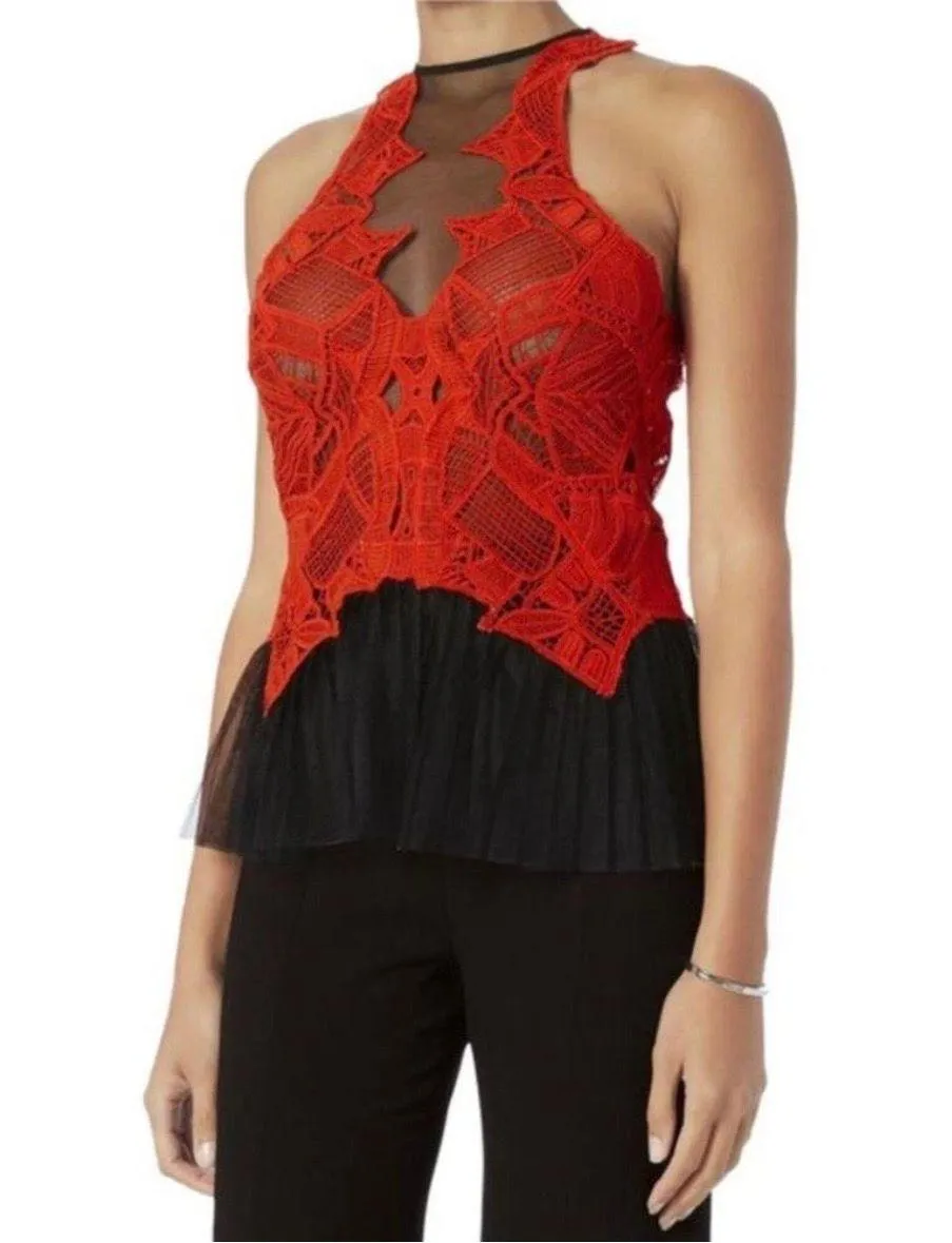 Jonathan Simkhai red guipure lace and black tulle top size 2 XS extra small - Image 9