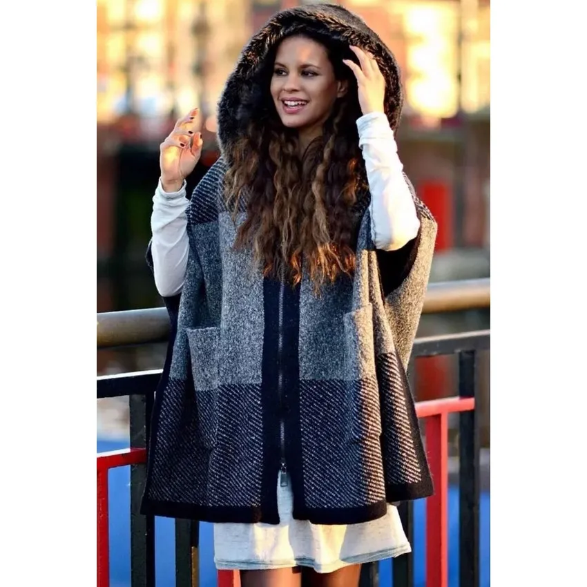 Zara Rare Tan Grey Oversized‎ Cape Poncho Coat Fur Hood Bloggers Size Small - Image 7