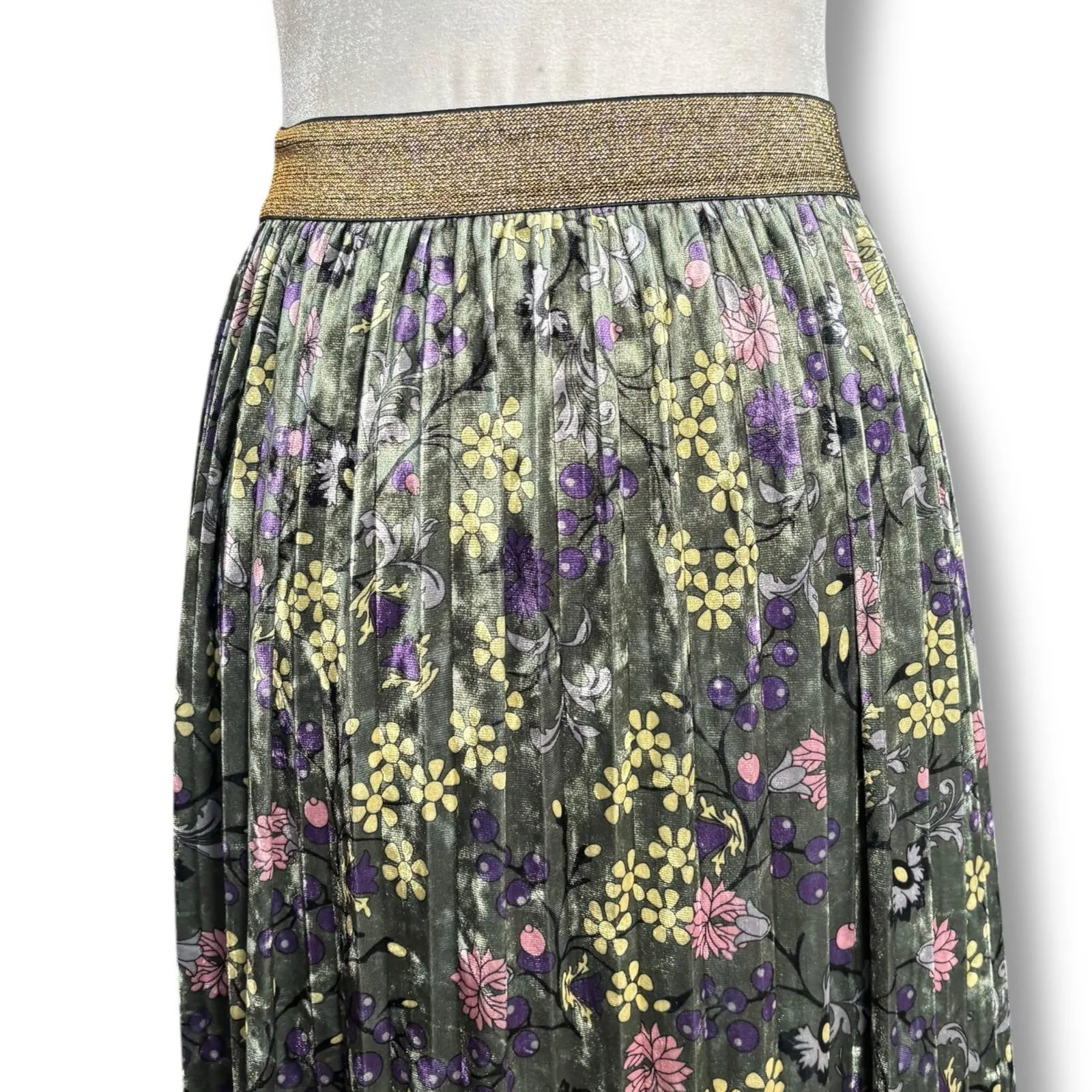 ModCloth Pleated Velvet Midi Skirt Small Floral Print Green Purple Yellow Pink - Image 2