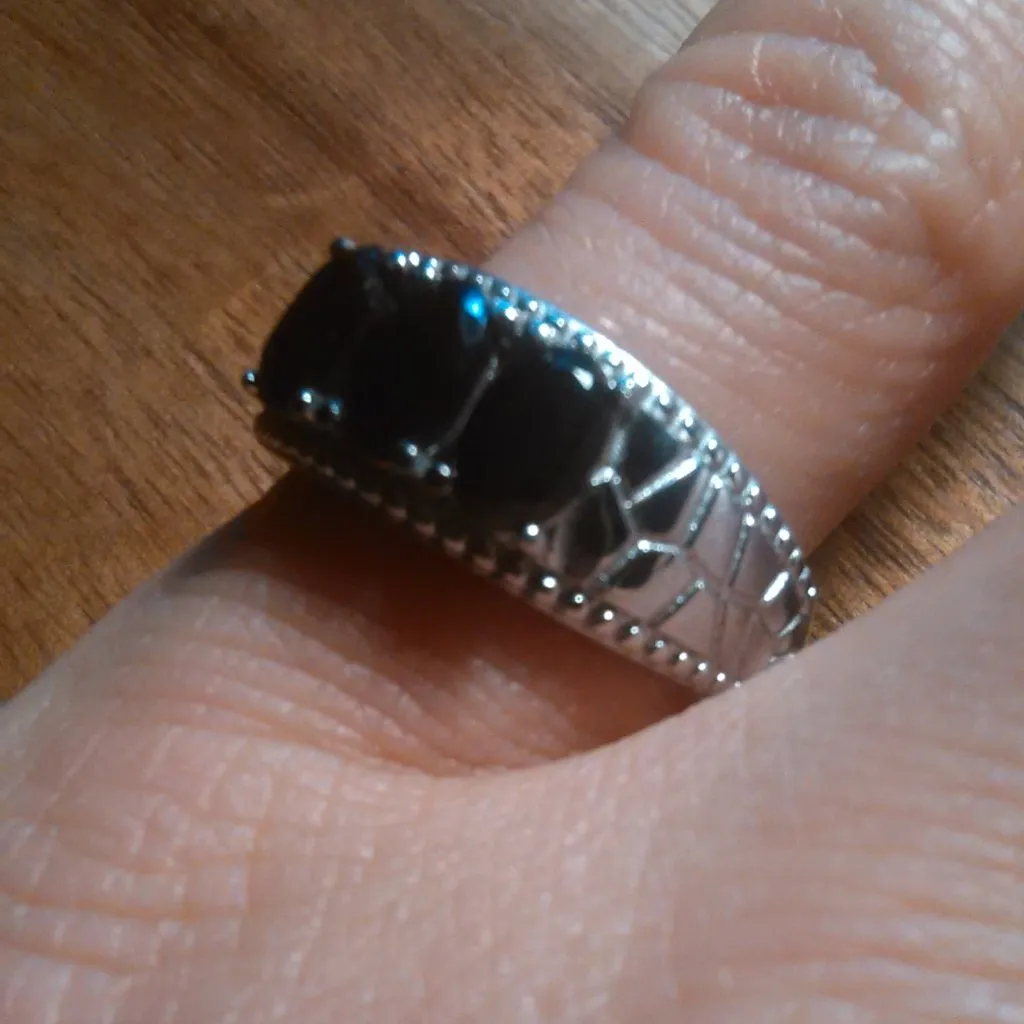 Thai Black Spinel Three Stone Stainless Steel Ring (Size 6) - Image 11