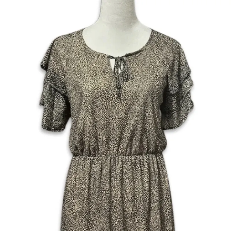 Bobeau Midi Dress Fit & Flare Spotted Flutter Sleeve Notch Brown Women's S NWOT - Image 3