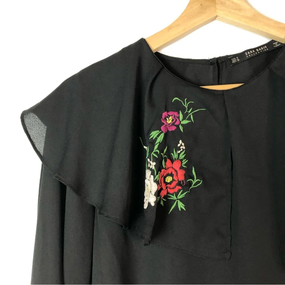 Zara Black Long Sleeve Ruffle Layered Floral Blouse M - Image 3
