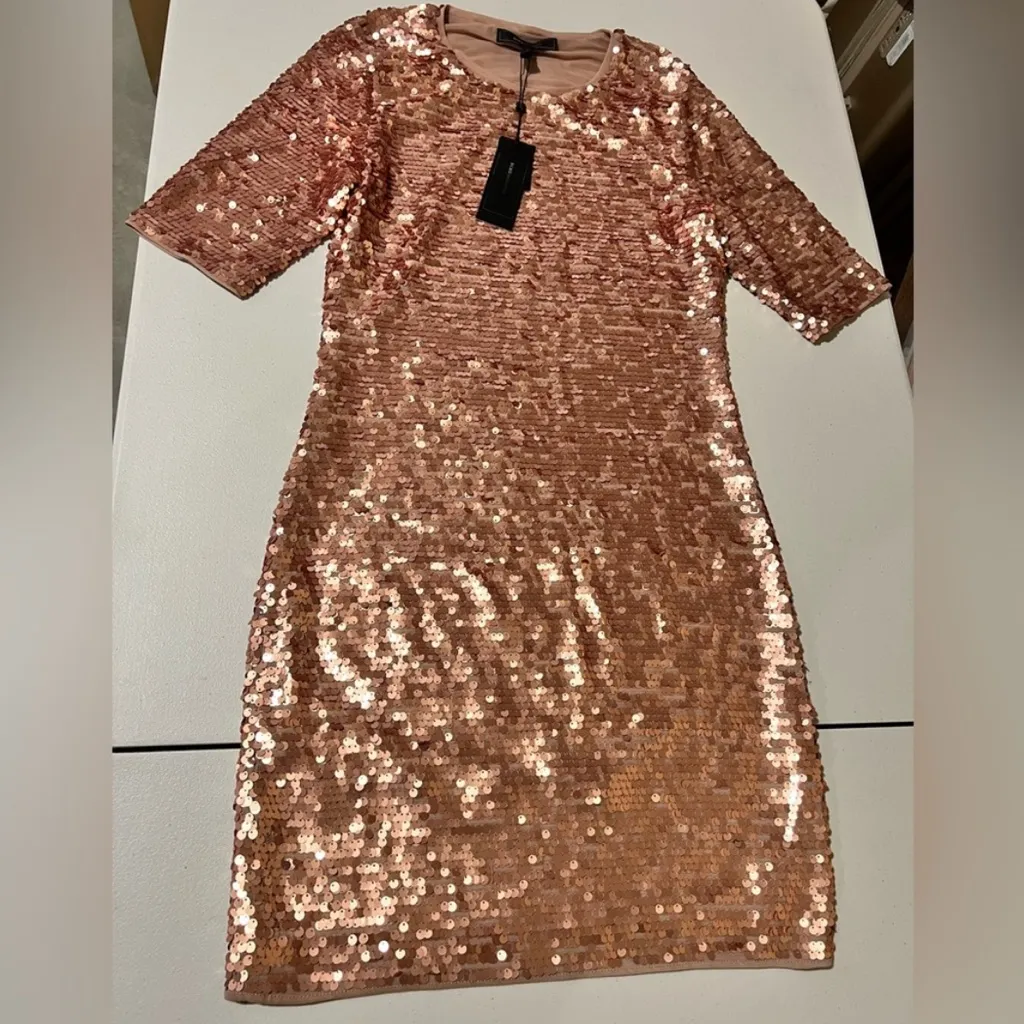 BCBGMAXARIA SEQUIN DRESS MARTA ROSE GOLD FITTED STRETCH PARTY HOLIDAY LARGE - Image 4