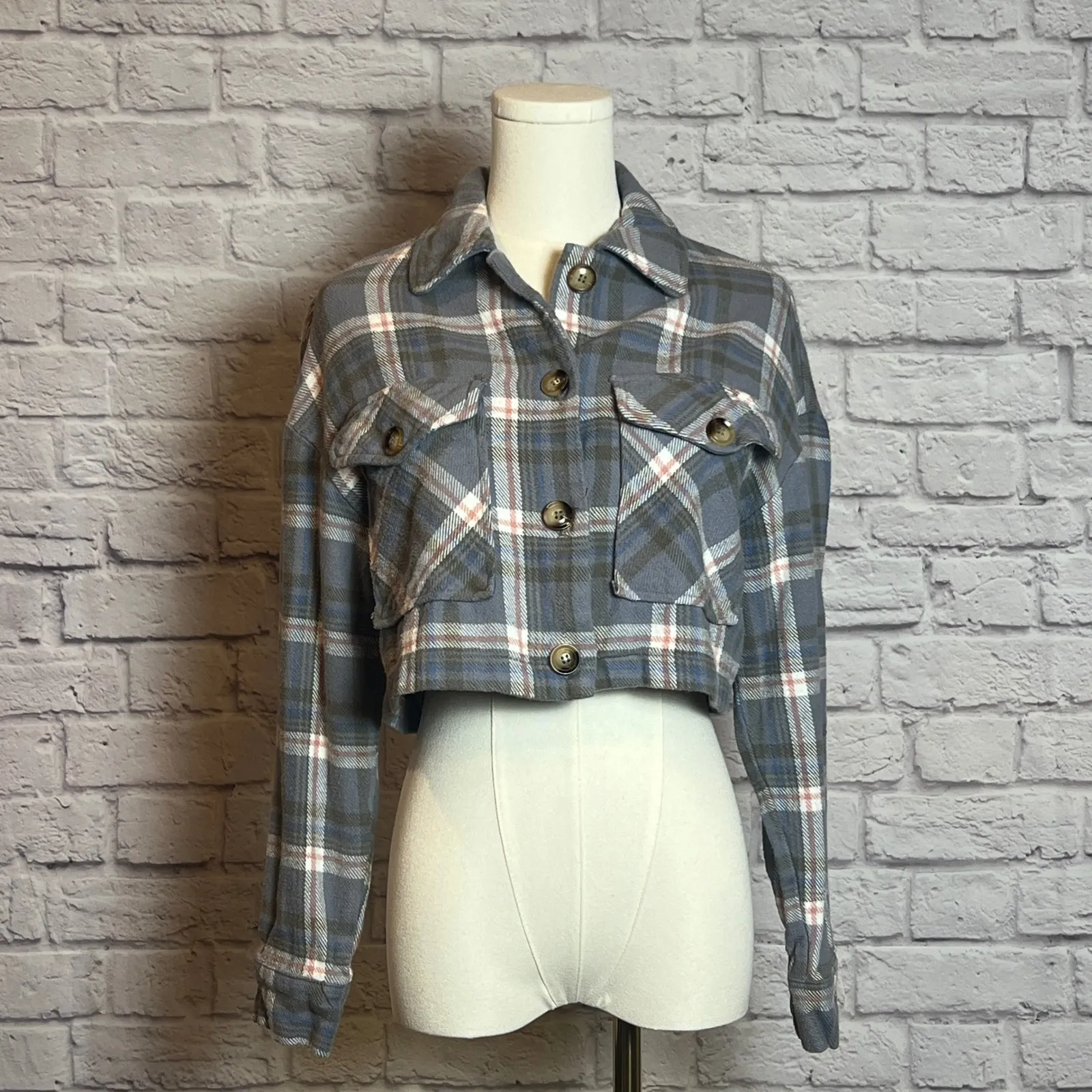Timing Cropped Plaid Button-Up Jacket Gray Blue Check Size Small - Image 2