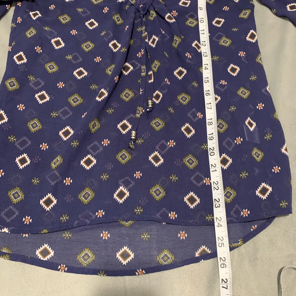 Socialite Navy Aztec Print Sheer Blouse EUC Size S - Image 3