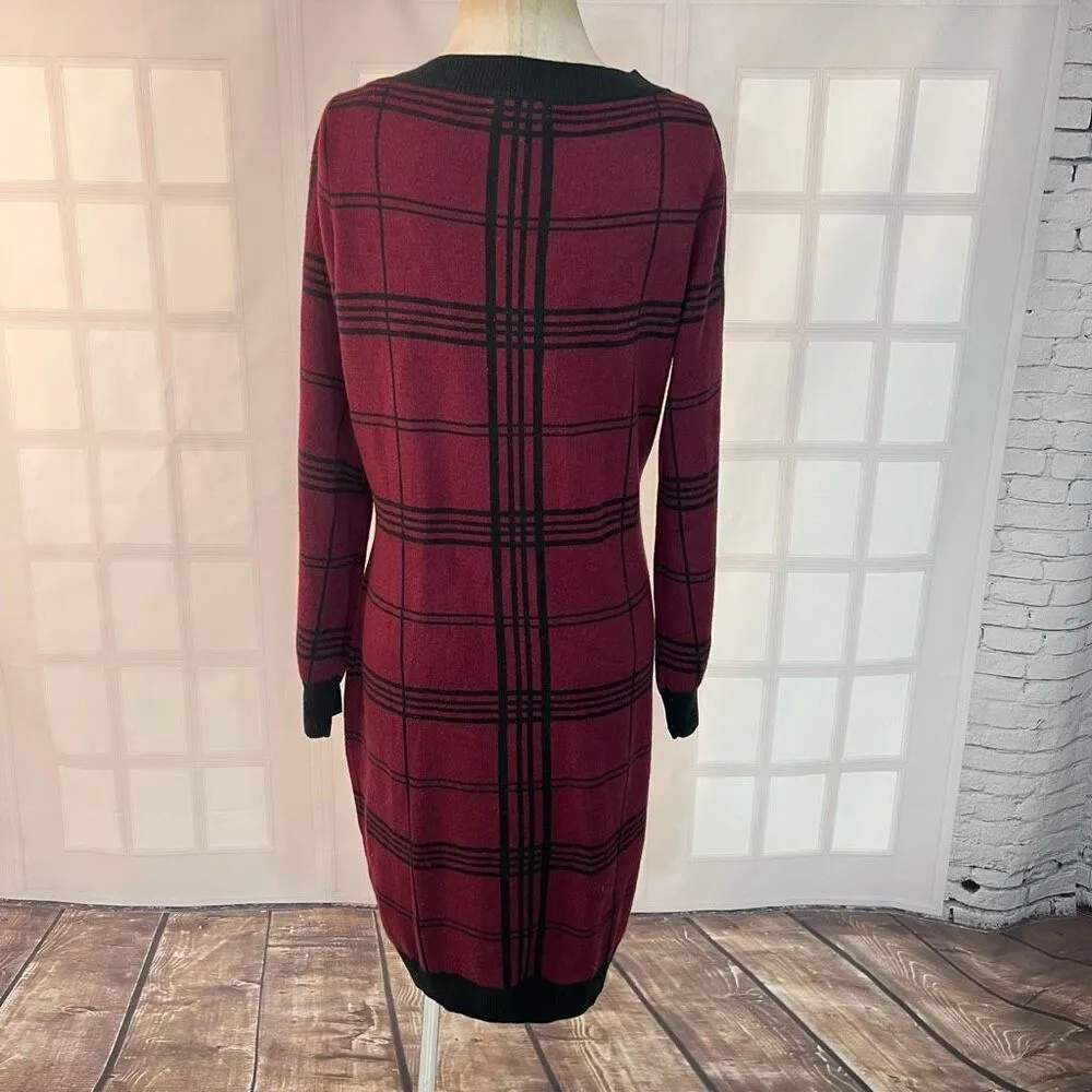 New York & Company Red Plaid Long Sleeve Knit Sweater Dress Size Large - Image 5