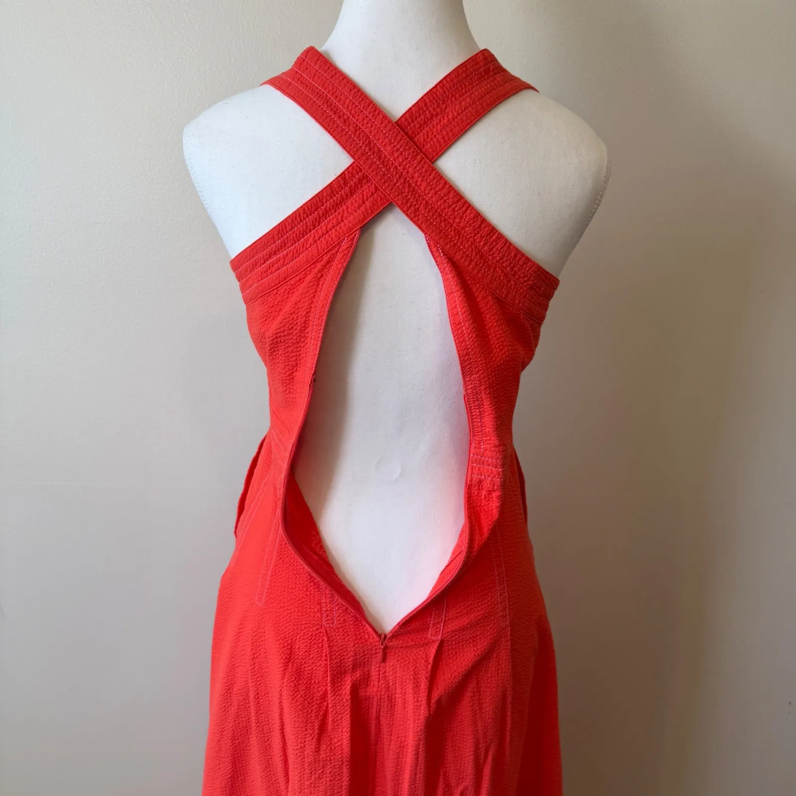 Maeve by Anthropologie Textured Orange Halter Neck Midi Dress Size 0 Italy Beach Red - Image 2