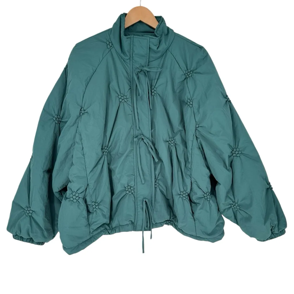 Baevely Teal Green Puffer Bow Detail Jacket size 2X Relaxed Fit NWT Long Sleeves - Image 2