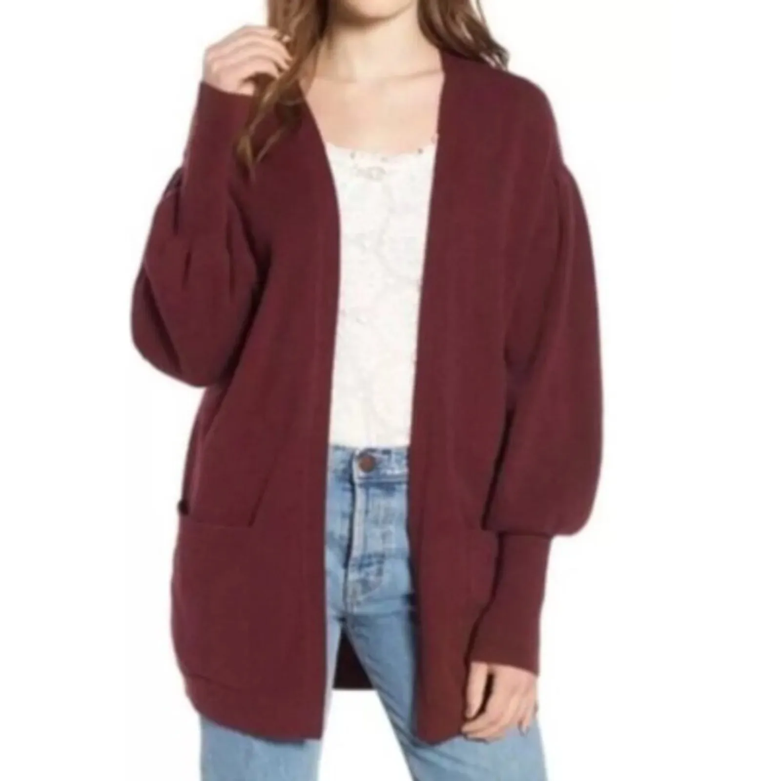 Hinge Size M Gray Knit Balloon Sleeve Open Front Cardigan Sweater Neutral Cozy - Image 11